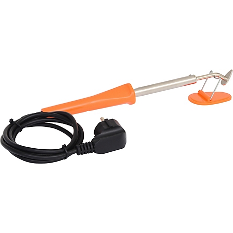 Ein Lötkolben mit orangefarbenem Griff, silberfarbenem Schaft, Kabel und Stecker.